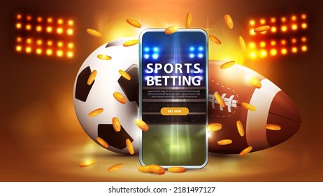 Sports betting, yellow banner for website with smartphone and football balls in gold stadium arena with spotlights