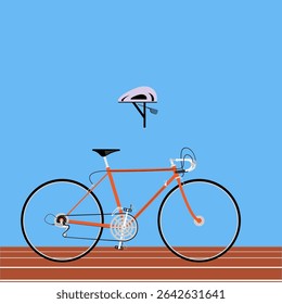 sports bicycle on race track with protective helmet and goggles above it on blue background
