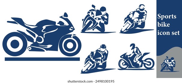 Sports bike icon set, here the rider is competing to be the first, there are beautiful bike icons including bike, rider, helmet and rider.