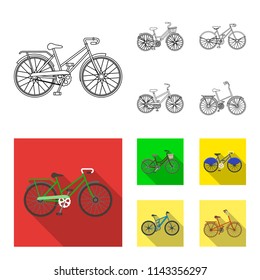 Sports bike and other types.Different bicycles set collection icons in outline,flat style vector symbol stock illustration web.