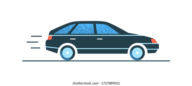 Sports black car fast moving on road side view vector flat illustration. Modern automobile during motion isolated on white background. Transport with wheel and engine racing on route