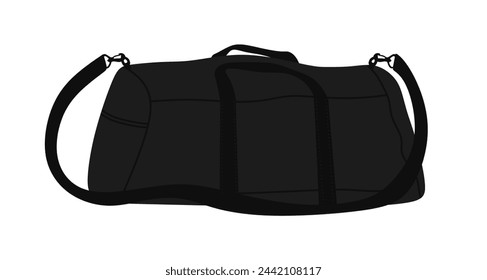 Sports black vector bag. Duffel bag for training and fitness isolated. Sport duffle backpack with handles. Gym accessories, sport equipment, sportswear. Healthy lifestyle concept. Vector