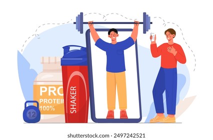 Sports blog concept. Man lifts barbell on smartphone screen. Active lifestyle and sports. Fitness and bodybuilding, powerlifting. Content in social networks. Flat vector illustration