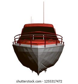 Sports boat red and white. Front view. Polygonal boat 3D. Vector illustration.