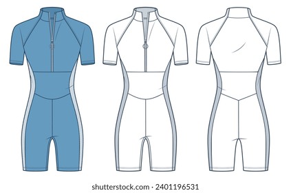 Sportbodyanzug mit Mesh-Trimm-technische Modegrafik. Ein Stück Swimsuit Fashion flach technische Zeichnungsvorlage, Front-, Rücken-Ansicht, weiß, blau, Frauen, Männer, unisex Sportswear CAD-Mockset. 