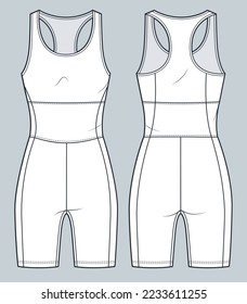 Sports Bodysuit Technische Modegrafik. Swimsuit Fashion Flach technische Zeichnung Vorlage, Vorder- und Rückansicht, Frauen, Männer, unisex CAD-Modell.