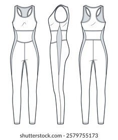 Sports Bodysuit technical fashion illustration. Racerback Activewear Jumpsuit fashion flat technical drawing template, front, side and back view, women, men, unisex CAD mockup.