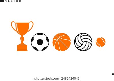Sportbollen mit Trophäen-Vektorgrafik. Symbolsatz