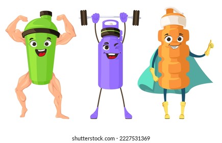 Sports bottle funny cartoon emoticon vector set. Comic flask shaker cap bodybuilder, weightlifter and super hero illustration isolated on white background. Kawaii cartoon character