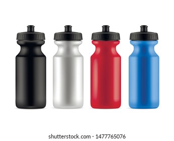 Sports bottles realistic vector illustrations set. Fresh water plastic containers 3d mockup. Athlete accessory, fitness equipment store item. Active recreation, healthy lifestyle, training attribute