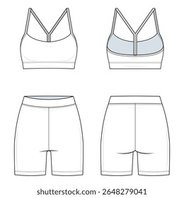 Esportes Bra e Biker Shorts Definir Ilustração de Moda Técnica. Modelo Vetor De Traje Ativo Coordenado. Vista frontal e traseira. Fitnesswear Feminino. Montagem CAD.