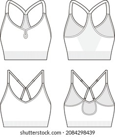 Sports bra fashion vector sketch, Apparel template, Adjustable shoulder straps 