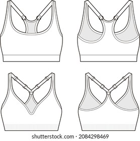 Sports bra fashion vector sketch, Apparel template, Adjustable shoulder straps 