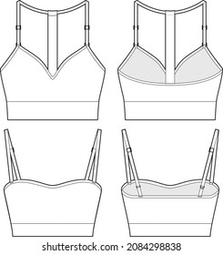 Sports bra fashion vector sketch, Apparel template, Adjustable shoulder straps 