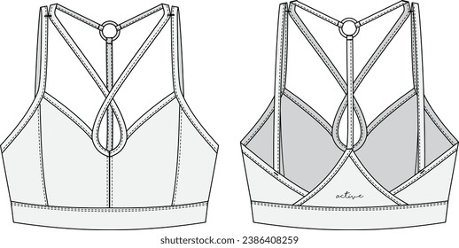 Sports bra, fitted crop top vest, Fashion Flat Sketch Vector Illustration, CAD, Technical Drawing, Flat Drawing, Template, Mockup.
