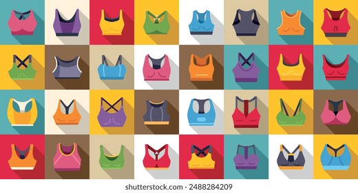 Sports Bra icons set. Colorful sports bra collection featuring different styles and colors for working out