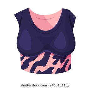 Sports bra with pattern in pink and dark blue. Vector illustration. Active wear and fitness apparel concept.