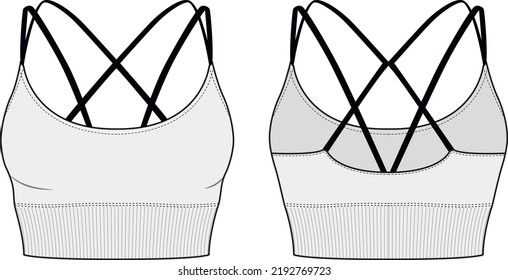 Sports Bra Technical Drawing Activewear Echnical Sketch Sportwear Top For Women With Black Straps Vector Drawing Gray Fashion Illustration For Women Brassiere