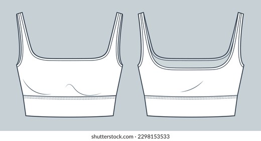 Sports Bra technical fashion illustration. Cropped Tank Top fashion flat technical drawing template, square neck, slim fit, front and back view, white color, women CAD mockup.