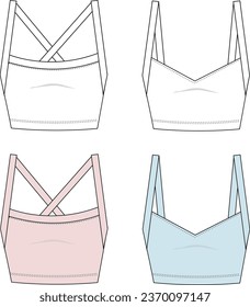 Sports Bra technical fashion Illustration. Women's cropped Tank Top fashion flat technical drawing. Casual underclothing. Women's yoga underwear design template. 