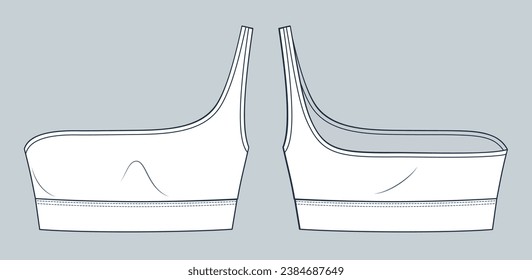 Sports Bra technical fashion illustration. One Shoulder Top fashion flat technical drawing template, slim fit, front and back view, white color, women CAD mockup.