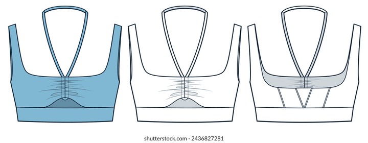 Sports Bra technical fashion illustration, blue design. Drawstring Crop Top fashion flat technical drawing template, cutout, front and back view, white, women CAD mockup set.