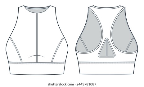 Sports Bra technical fashion illustration. Crop Top fashion flat technical drawing template, cutouts, slim fit, front and back view, white, women Activewear CAD mockup.