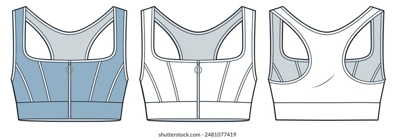 Sports Bra technical fashion illustration. Zipped Crop Top fashion flat technical drawing template, square neck, slim fit, front and back view, white, blue, women Top CAD mockup set.