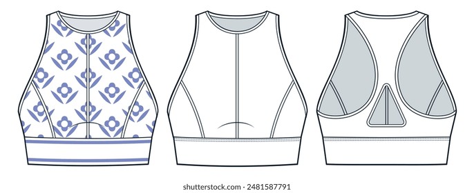 Sports Bra technical fashion illustration, floral design. Crop Top fashion flat technical drawing template, round neck, cutout, slim fit, front and back view, white, lilac, women Top CAD mockup set.