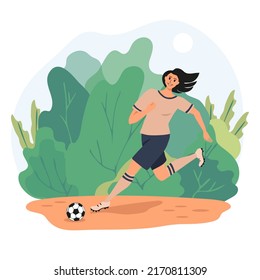 Sports brunette girl football soccer player running behind the ball. Woman playing football. Colorful art female character with green colored background. Vector illustration.