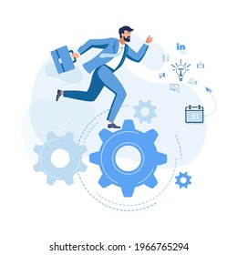 Sports businessman on a business gear treadmill. Concept of achieving business goal, man winner. Blue creative design, background. Social digital network, movement. Vector illustration icons