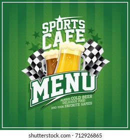 Sports cafe menu card with beer mugs and checkered flags