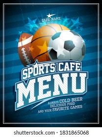 Sports cafe menu card cover design with football, basketball and rugby balls, golden lettering and shiny stars elements