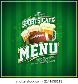 Sports cafe menu card cover design, vector mockup with rugby ball and glasses of beer