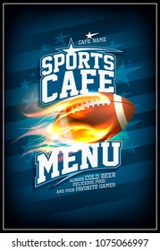 Sports cafe menu card design concept with rugby ball in a fiery flame