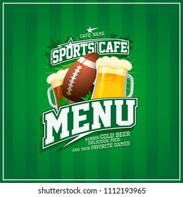 Sports cafe menu card design, rugby ball and glasses of beer