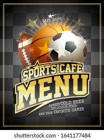 Sports cafe menu card design template with football, basketball and rugby balls, golden lettering and shiny stars elements