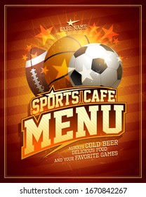 Sports cafe menu card design with football, basketball and rugby balls and shiny stars elements