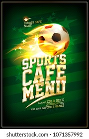 Sports cafe menu card with soccer ball in a fiery flame