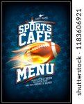 Sports cafe menu card vector design concept, classic leather rugby ball in a fiery flame, background with stars
