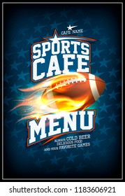 Sports cafe menu card vector design concept, classic leather rugby ball in a fiery flame, background with stars