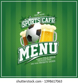 Sports cafe menu cover design with football ball and beer mugs, sports lettering