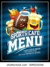 Sports cafe menu cover vector design template with cartoon rugby ball, fast food funny food personages and beer mugs