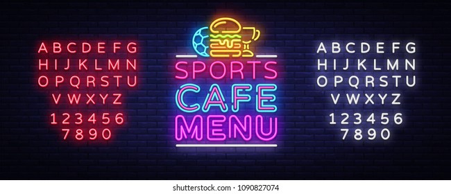 Sports Cafe Menu neon sign vector. Sport Cafe Menu symbol, neon logo, bright emblem, light banner, design element for sports bar, cafe, fan club. Vector Illustration. Editing text neon sign