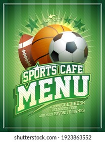 Sports cafe menu vector card template with football, basketball and rugby balls