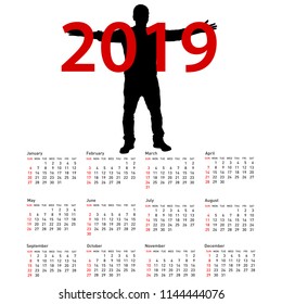 Sports calendar 2019, week starts from Sunday black silhouette of a bicyclist.