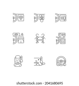 Sports car accessories linear icons set. Built-in functions in auto. Innovative vehicle tech features. Customizable thin line contour symbols. Isolated vector outline illustrations. Editable stroke