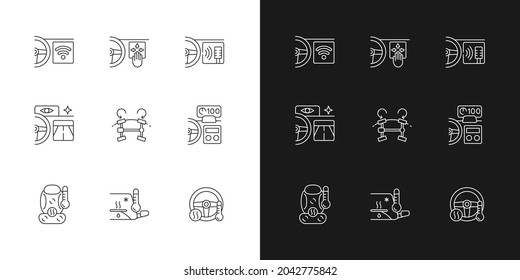 Sports Car Accessories Linear Icons Set For Dark And Light Mode. Innovative Vehicle Tech Features. Customizable Thin Line Symbols. Isolated Vector Outline Illustrations. Editable Stroke