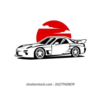 ilustração automotiva de carro esportivo com sol nascente