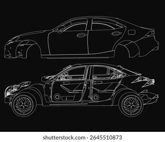 Sports car blueprint with sleek lines and curves, showcasing its iconic design in detailed machine outline. The technical drawing highlights aerodynamic features against a black.